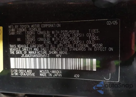 2005 Lexus Rx 330 from USA, damaged, VIN JTJGA31U650056513